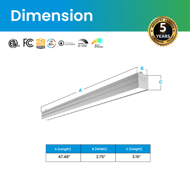 4 Foot Linear LED Light, 50 Watt, 5750 Lumens, 3K/35K/4K Color Changea ...