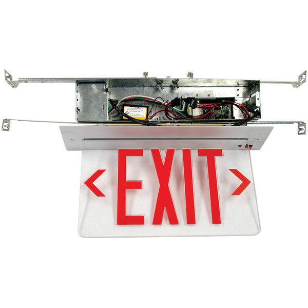 LED Single Faced Clear Recessed Edge Lit Exit Sign With Red Letters - Battery Backup
